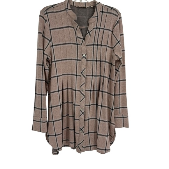 Soft Surroundings Womens Button Up Shirt Size Medium Pink Gray Plaid Knit - Picture 1 of 11